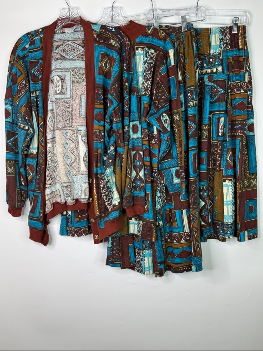 Vintage HMJ Aztec Brown Blue Cardigan Shirt Skirt Pants Set S/M 80s